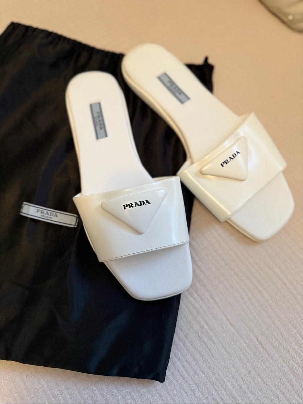 Prada White Leather Logo Sandals
